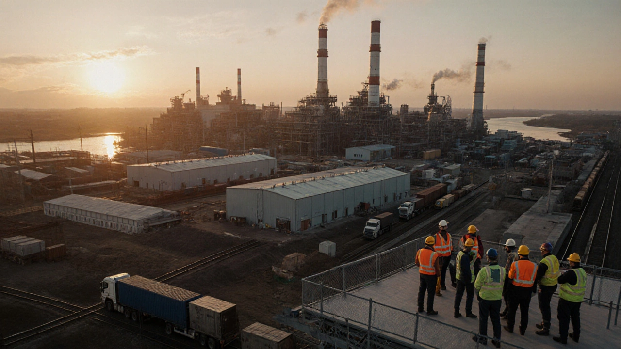 Аэрофотоснимок заводов в Казани и Новосибирске на рассвете, показывающее их масштаб и роль в регионе.