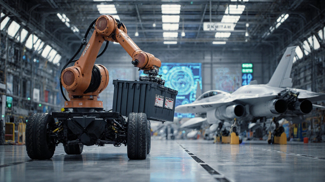 Автоматизированный производственный конвейер, где роботы собирают электравтопарк и детали самолета.