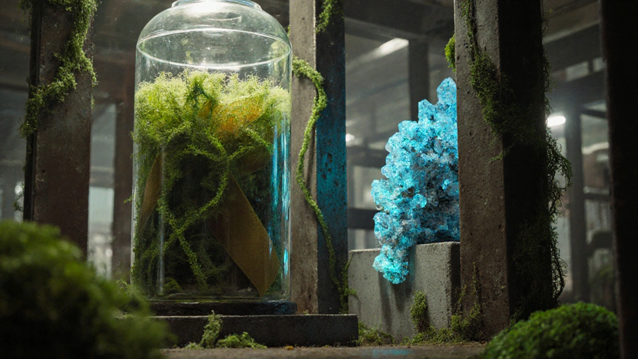 Биореакторы с мицелием выращивают экологичный материал, похожий на кожу, в светящейся лаборатории с бетонными блоками.