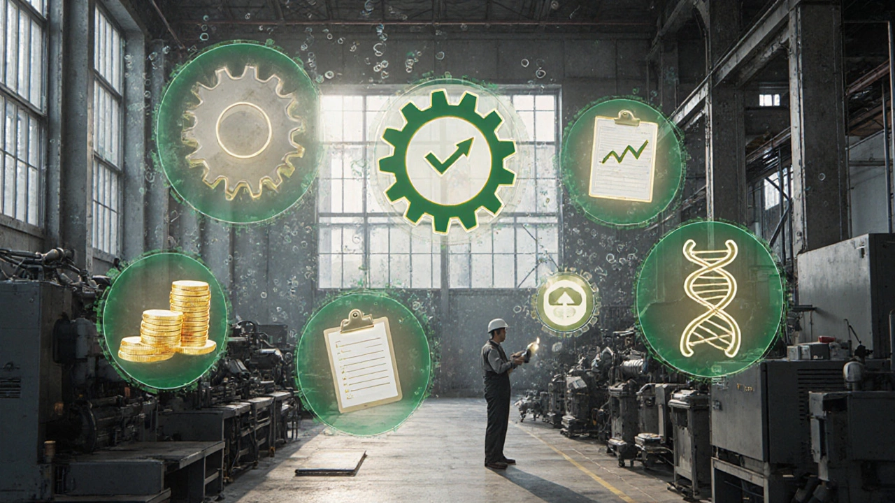 Фабричный цех с плавающими голографическими иконками, символизирующими функции предприятия.