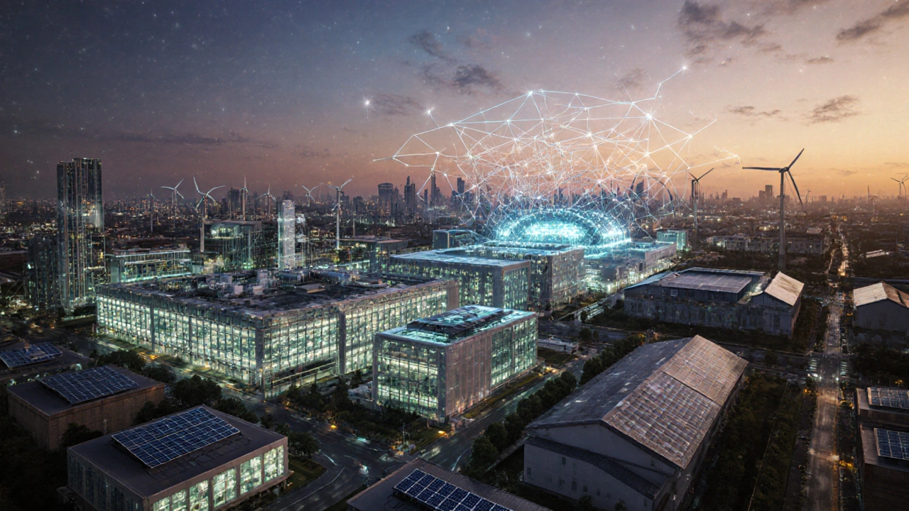Футуристический городской пейзаж с умными фабриками, ветропарками и солнечными панелями.