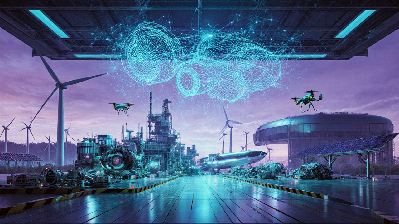 Голографический цифровой двойник и дроны в футуристическом заводе 2030 года.