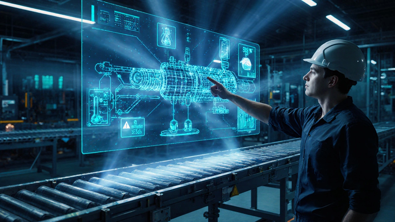 Голографический цифровой двойник производственной линии с накладкой реальных данных поверх физического оборудования.