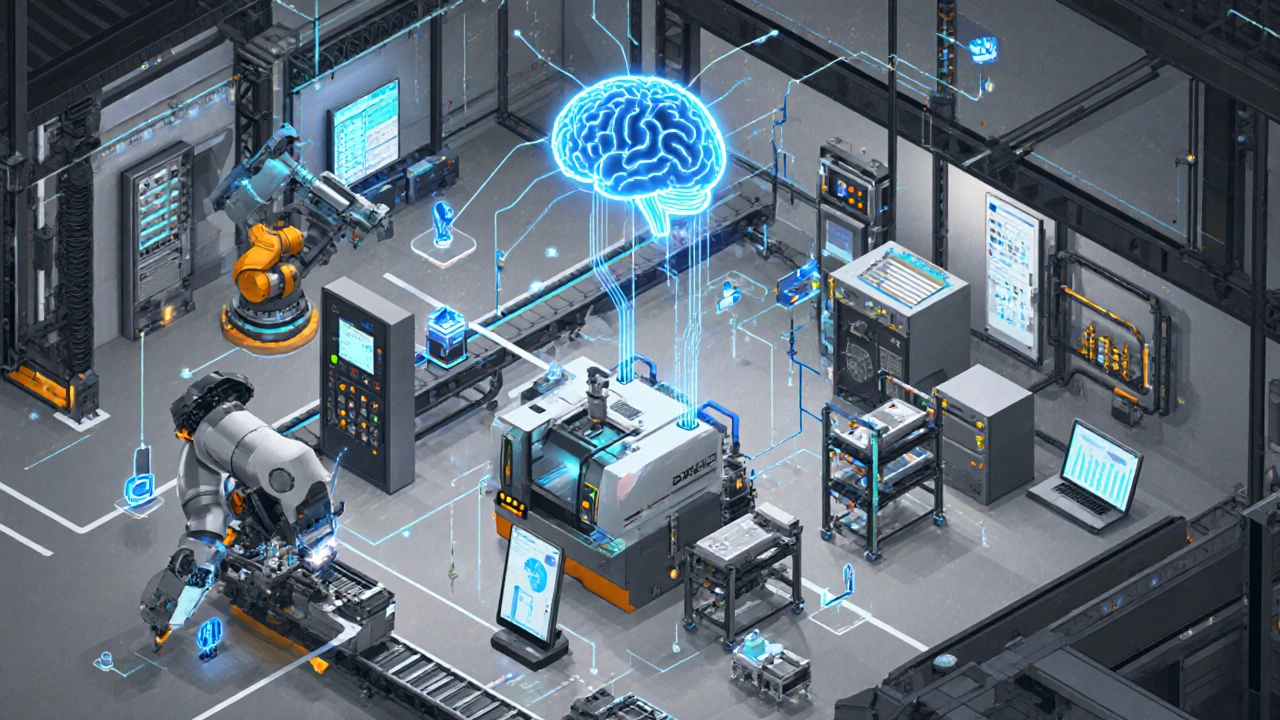 Изометрическая иллюстрация технологий автоматизации: роботы, CNC, PLC, IoT‑сенсоры и AI.