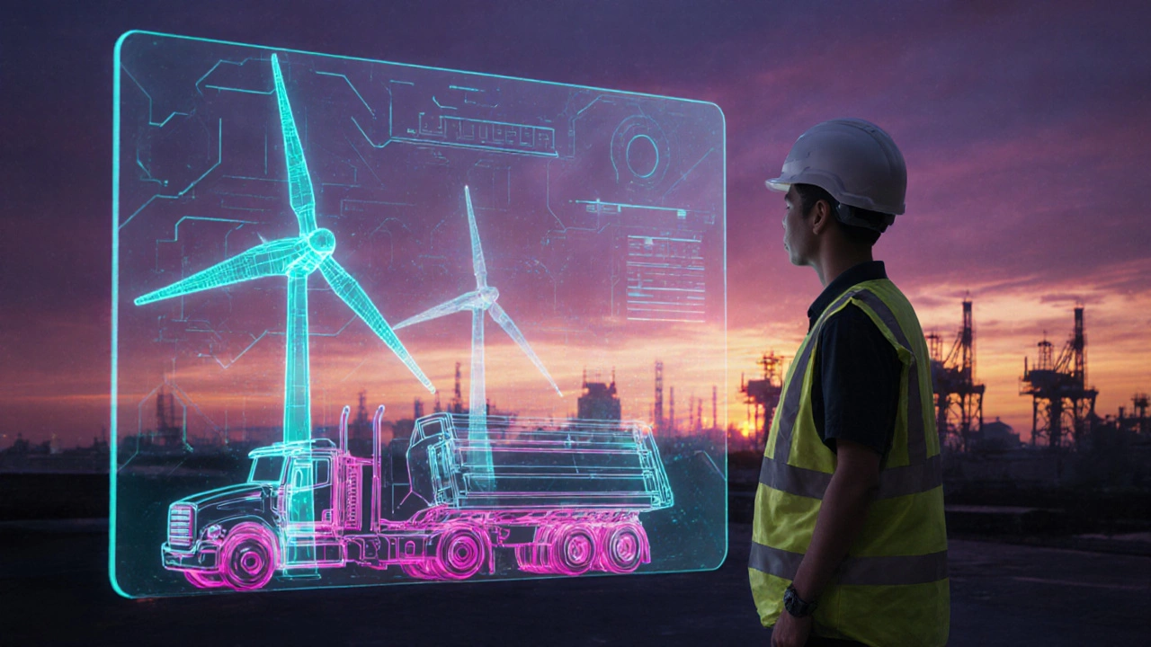 Молодой инженер рассматривает голограмму гибридной турбины и электровоза на фоне восхода.