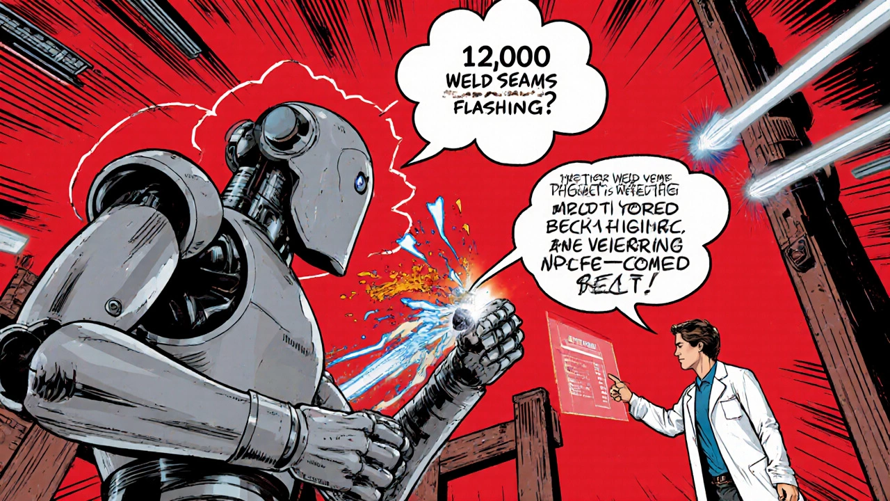 Робот учится сварке, наблюдая за человеком, с потоками данных и вспышками швов в мыслях, тренер указывает на ошибку.