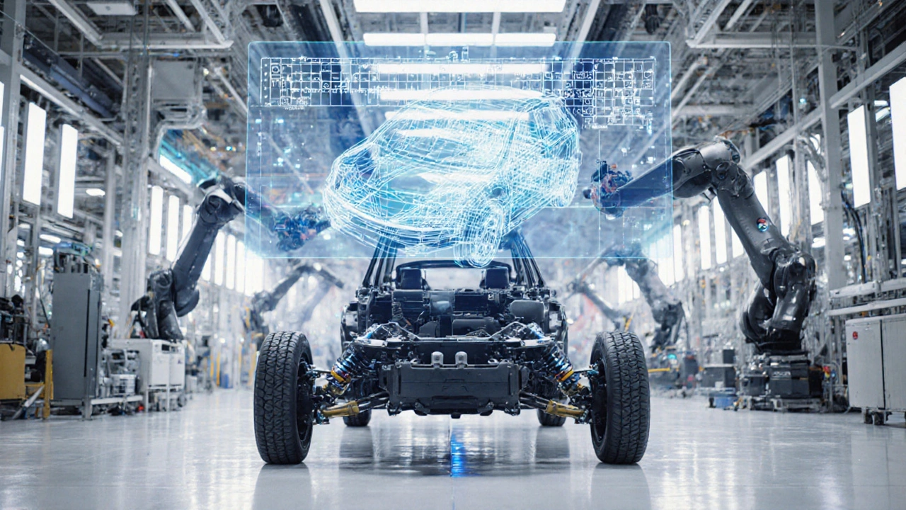 Роботы собирают электромобиль в светлом современном автозаводе.