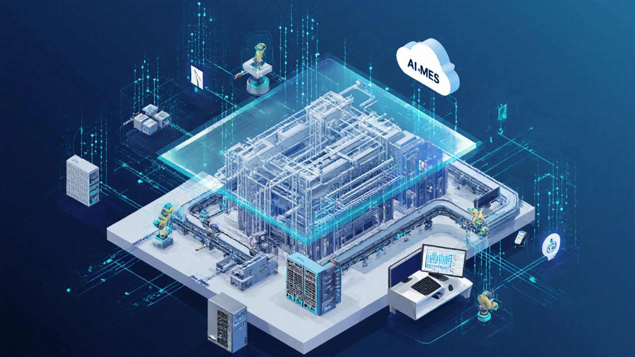 Схема компонентов автоматизации: PLC, SCADA, датчики, цифровой двойник и облако.