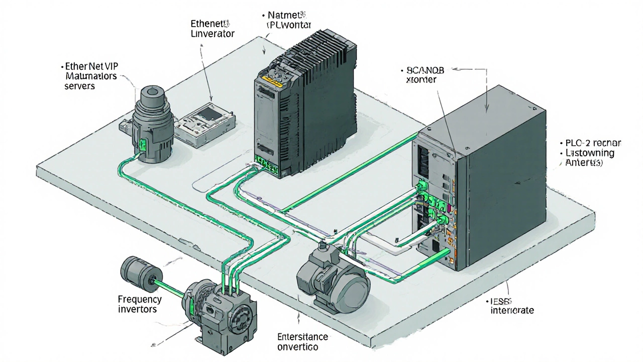 Схема промышленной автоматизации с подключенными датчиками, ПЛК, сетями и исполнительными устройствами.