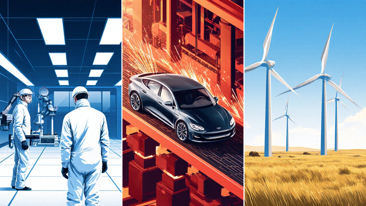 Современный микросхемный завод, сборочный конвейер электромобилей и ветропарк в России.