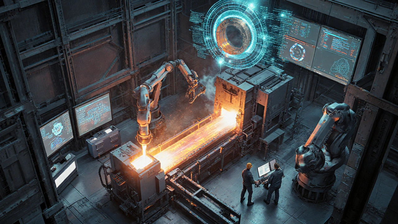 Внутренний вид высокотехнологичного металлургического предприятия с роботами и 3D‑печатью.