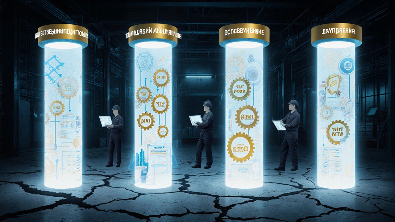 Четыре столба системы управления качеством с шестернями и диаграммами, встающие из пола завода.