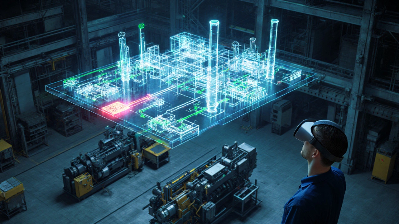 Цифровой двойник завода в виде голографической модели, накладывающейся на реальное производство.