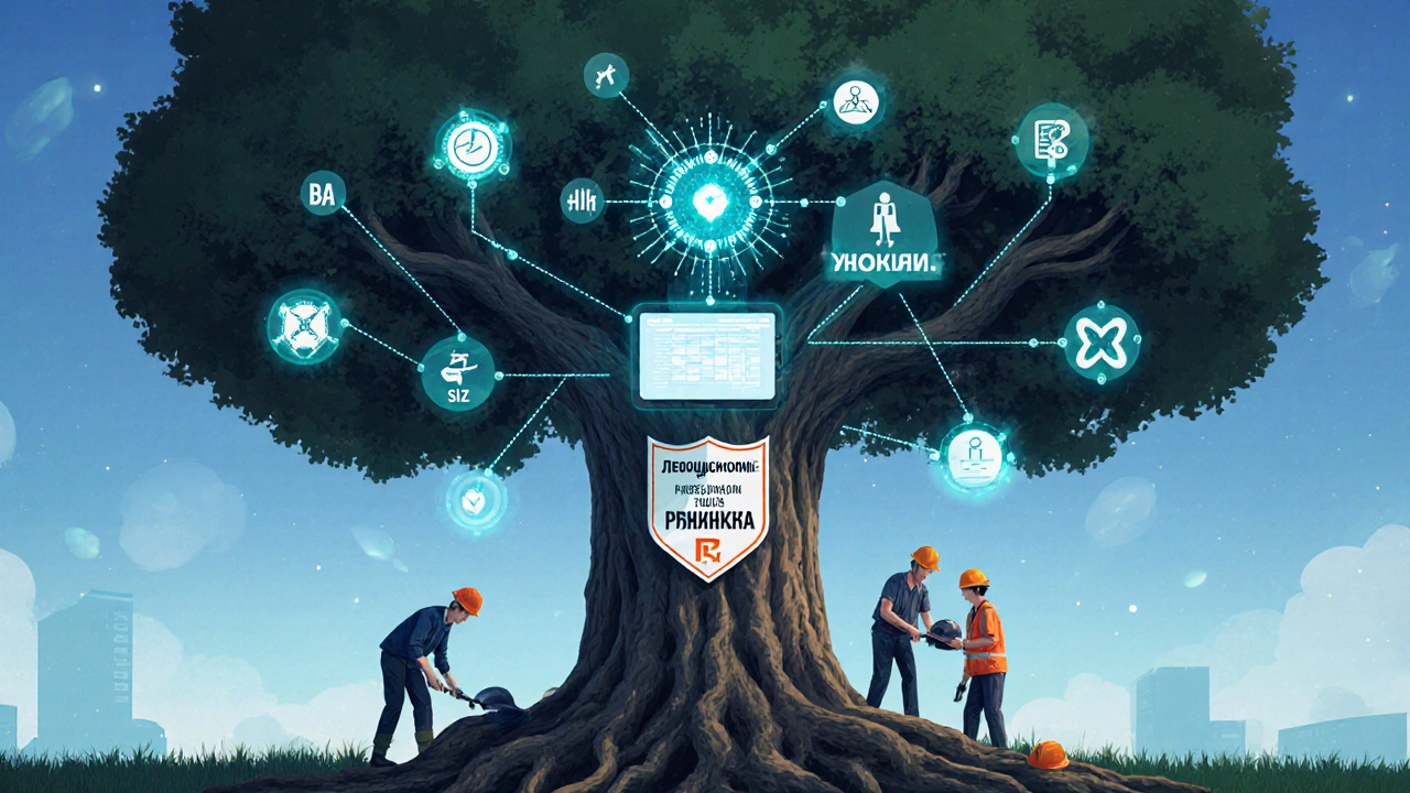 Дерево с корнями-мерами безопасности, под которым работники укрепляют культуру безопасности на производстве.