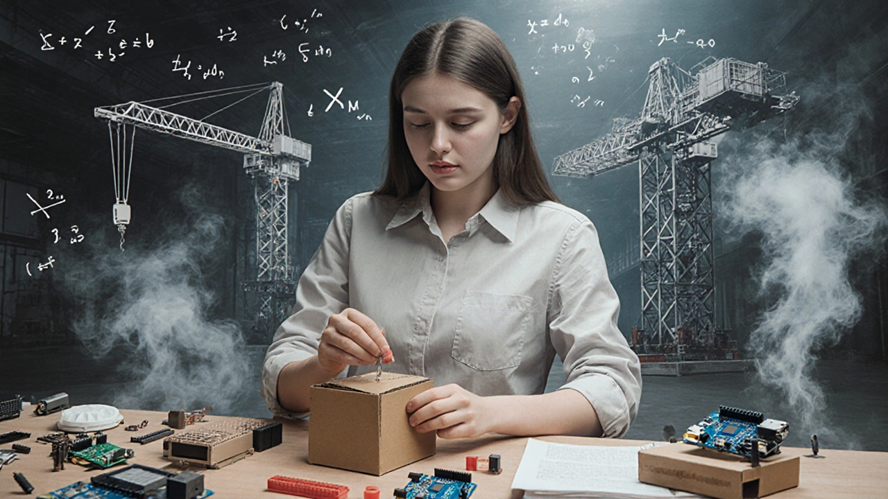 Девушка собирает модель подъемного крана из картона, а позади — прозрачное изображение настоящего промышленного крана.