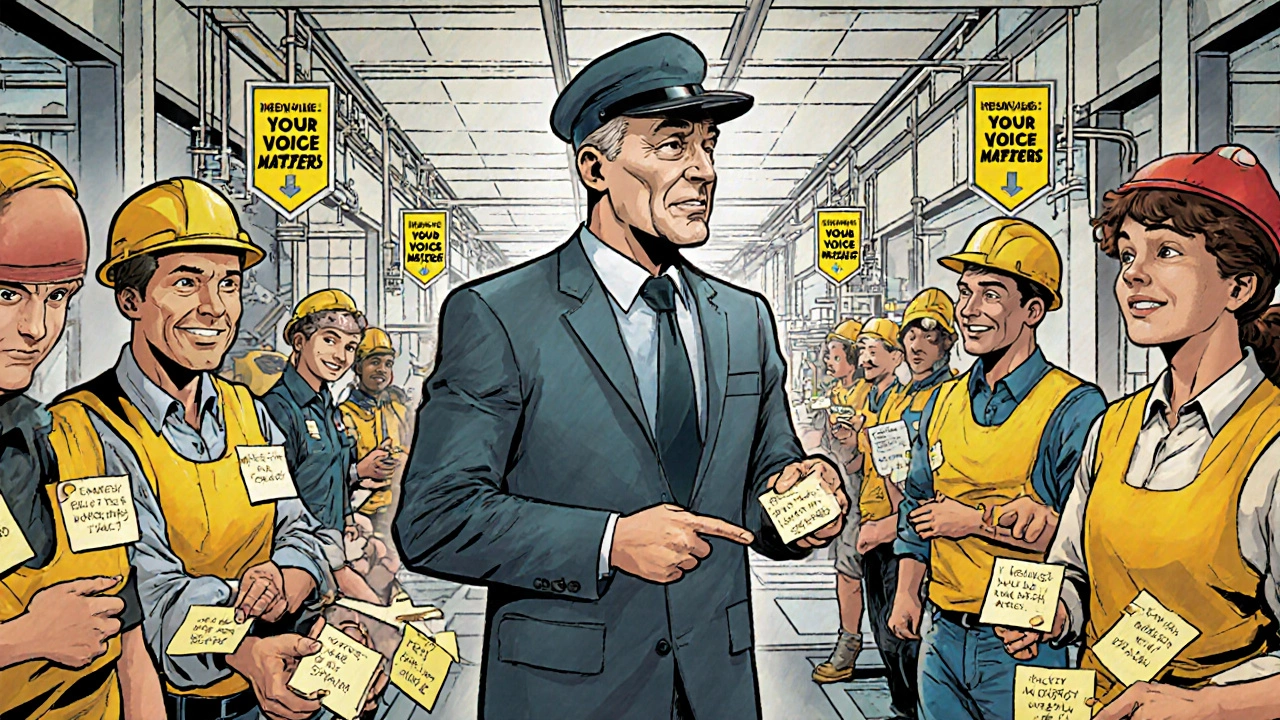 Директор завода получает предложения от рабочих на производственной линии.