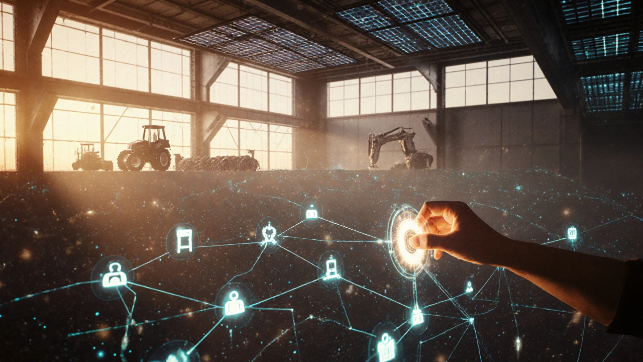 Экосистема завода: связь поставщиков, роботов и клиентов через потоки данных, солнечные панели и производство разных изделий.