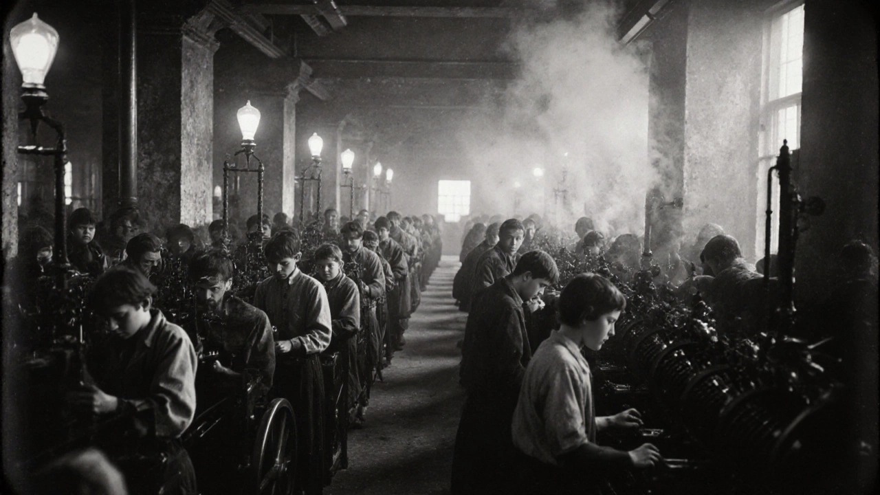 Фабрика в Манчестере в 1840-х: дети работают на прядильных машинах, дым, тусклый свет, усталые лица, тесные стены.