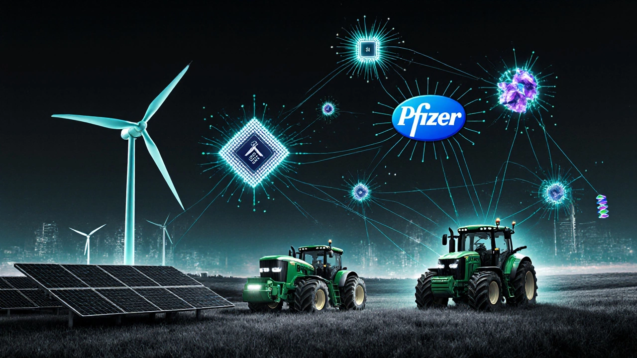 Гибридная промышленная экосистема: ветряная турбина, чипы и фермерская техника, соединённые потоками данных.