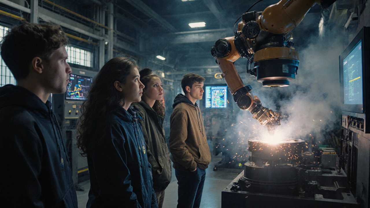 Группа подростков наблюдает за роботом на заводе, который сваривает деталь с высокой точностью.