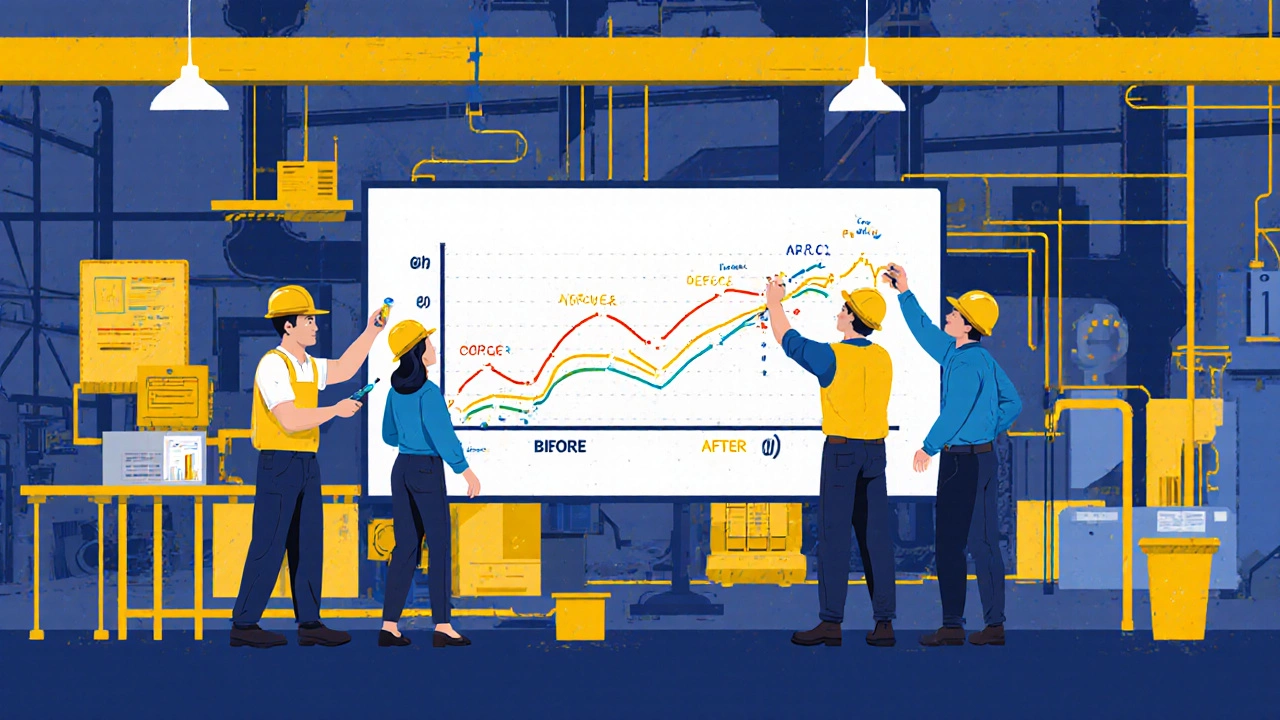 Команда на заводе анализирует данные о браке на белой доске с диаграммами.