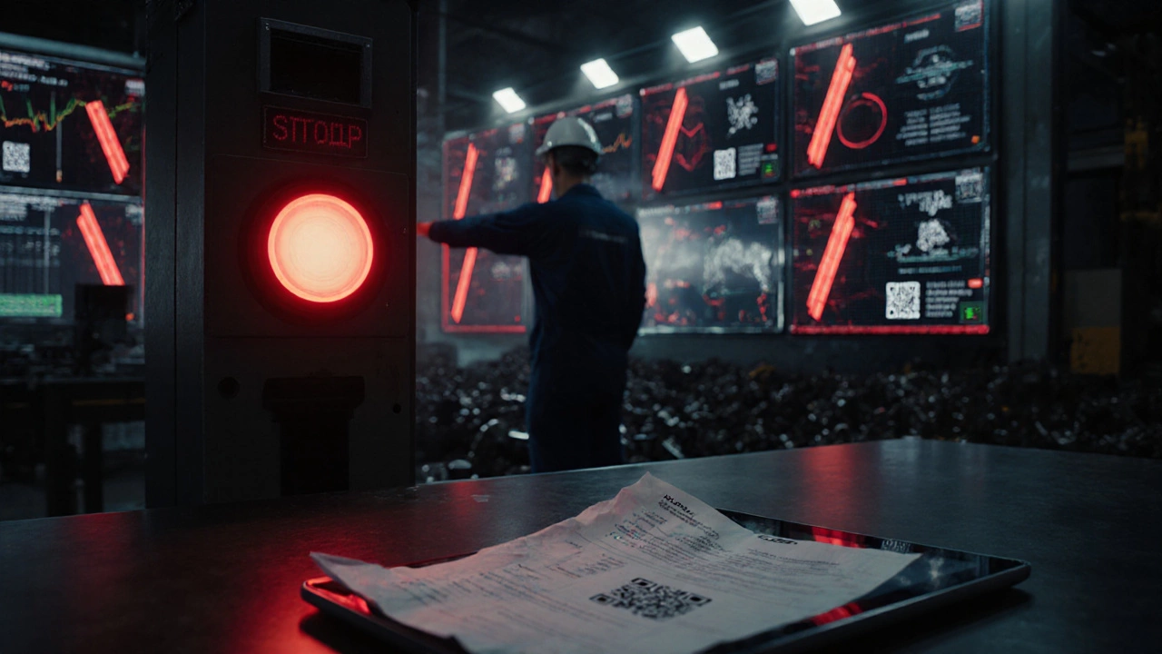 Оператор останавливает производство нажатием аварийной кнопки, вокруг — цифровые панели с данными.