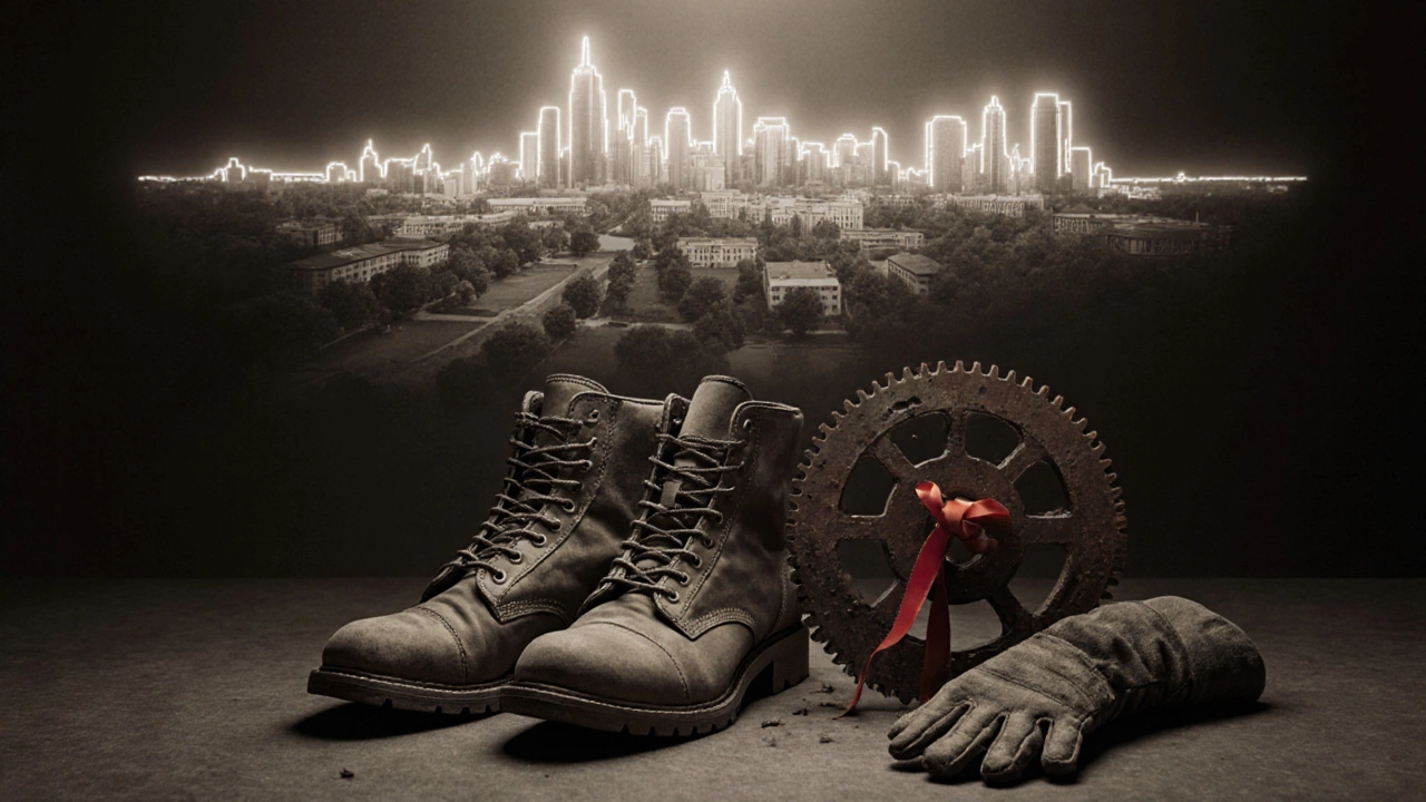 Пара старых ботинок и детская перчатка рядом с разрушенным ткацким станком, на фоне светящегося городского пейзажа.