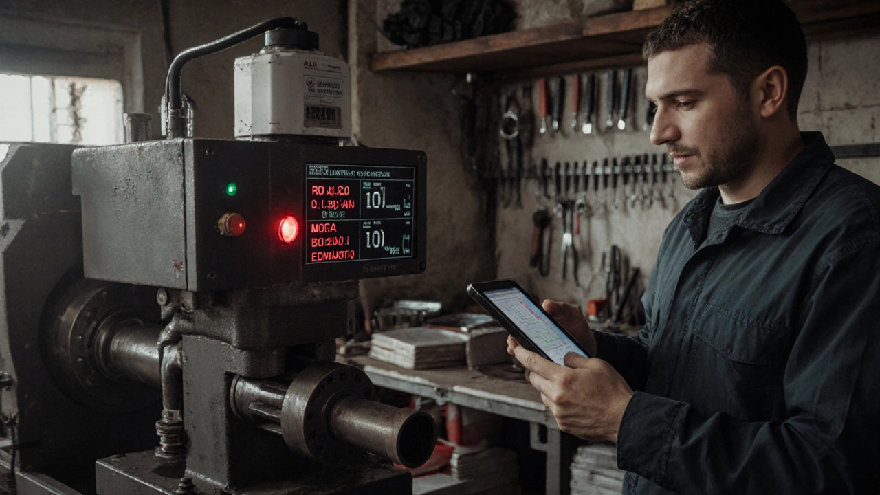 Простая автоматизированная система в цеху по производству труб: датчик, световой сигнал и экран с данными.