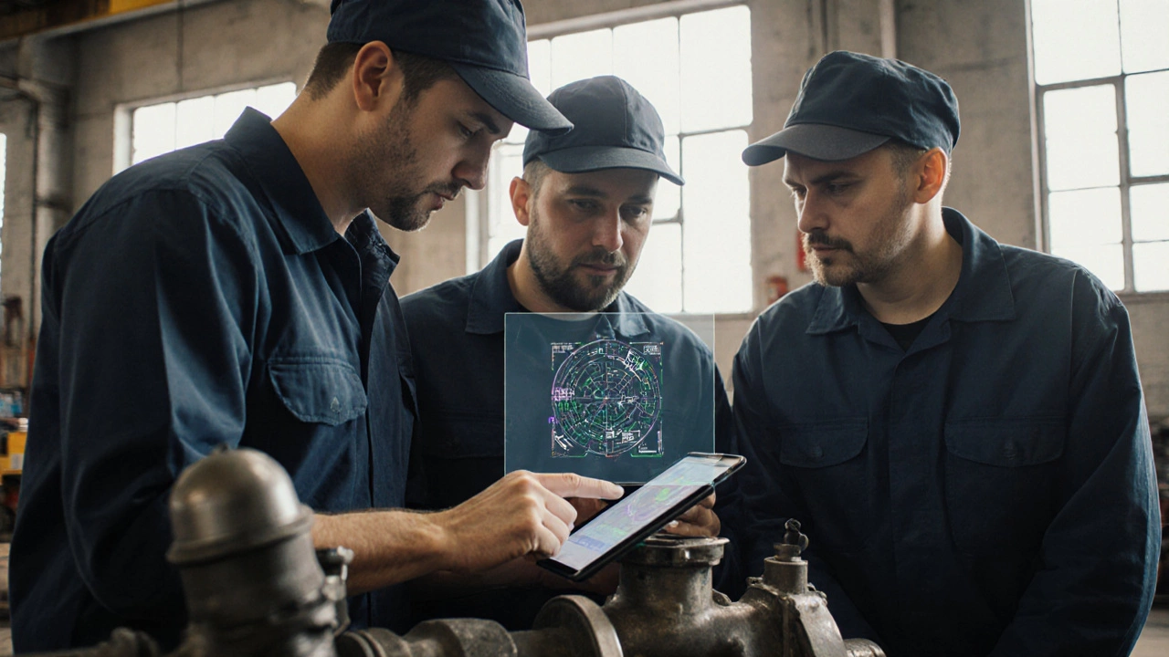 Рабочие используют AR-очками и планшеты для анализа деталей и подключения датчиков к старому оборудованию.