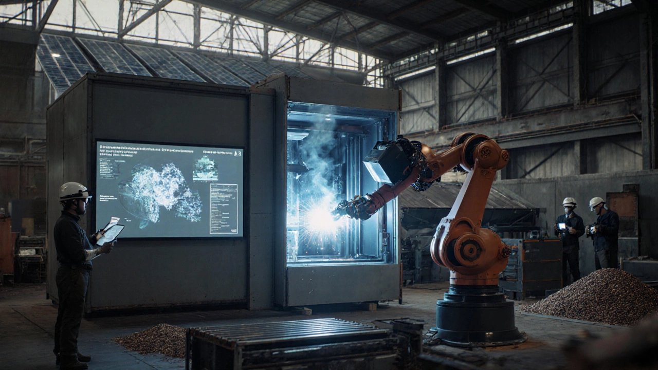 Робот сваривает титановую деталь, а цифровой двойник показывает её состояние в реальном времени.