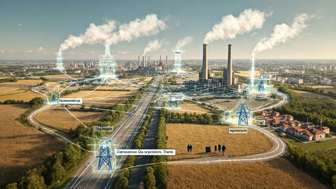 Российская промышленная сеть, соединяющая заводы с городами, полями и домами, символизирующая связь промышленности и жизни.