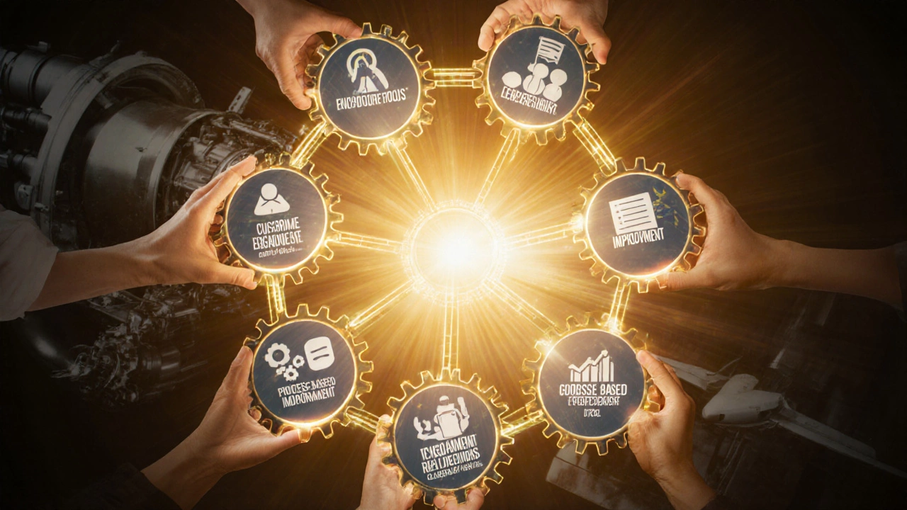 Семь взаимосвязанных шестерёнок символизируют принципы менеджмента качества.