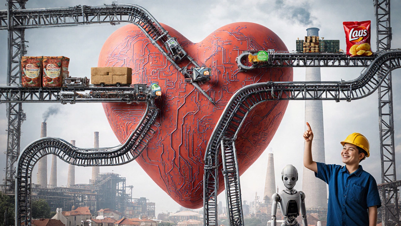 Сердце, сделанное из заводских элементов, поставляющее товары в города и деревни, символизирующее жизненную роль производства.