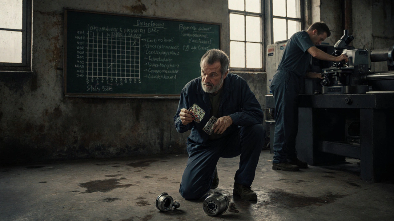 Специалист изучает образец металла под микроскопом на производственной линии с диаграммой Парето на заднем плане.