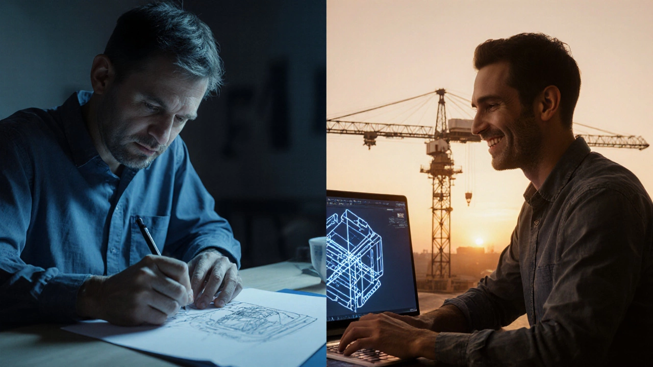 Сравнение ручного черчения и автоматизированного проектирования: слева — карандаш и бумага, справа — цифровая оптимизация на экране.