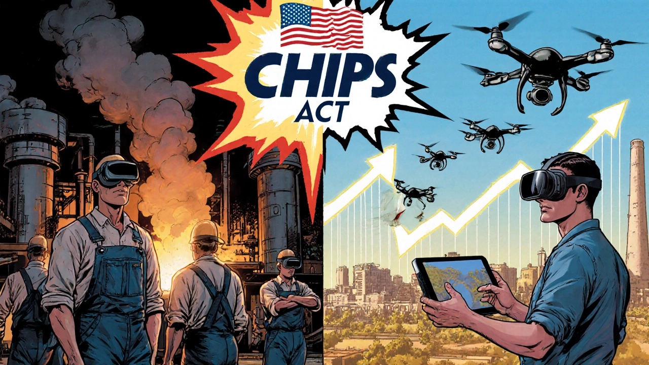 Сравнение старой и новой промышленности США в стиле комикса: роботы и ИИ вместо дымных заводов.