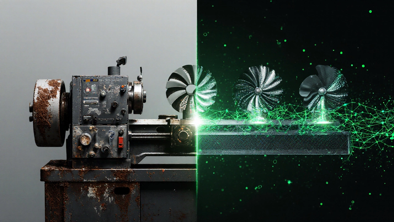 Сравнение устаревшего станка и передового производства с использованием графена и ИИ.