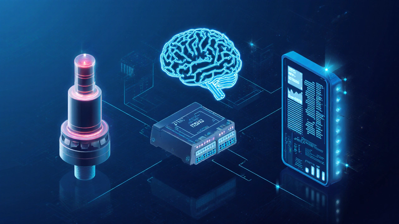 Три компонента промышленной автоматизации: датчики, ПЛК и цифровой интерфейс, соединённые потоками данных.