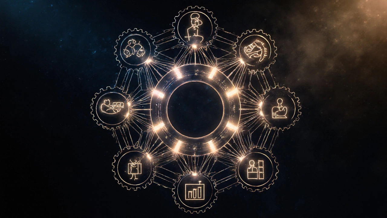 Визуализация восьми принципов качества как взаимосвязанной системы из шестерёнок и рук.