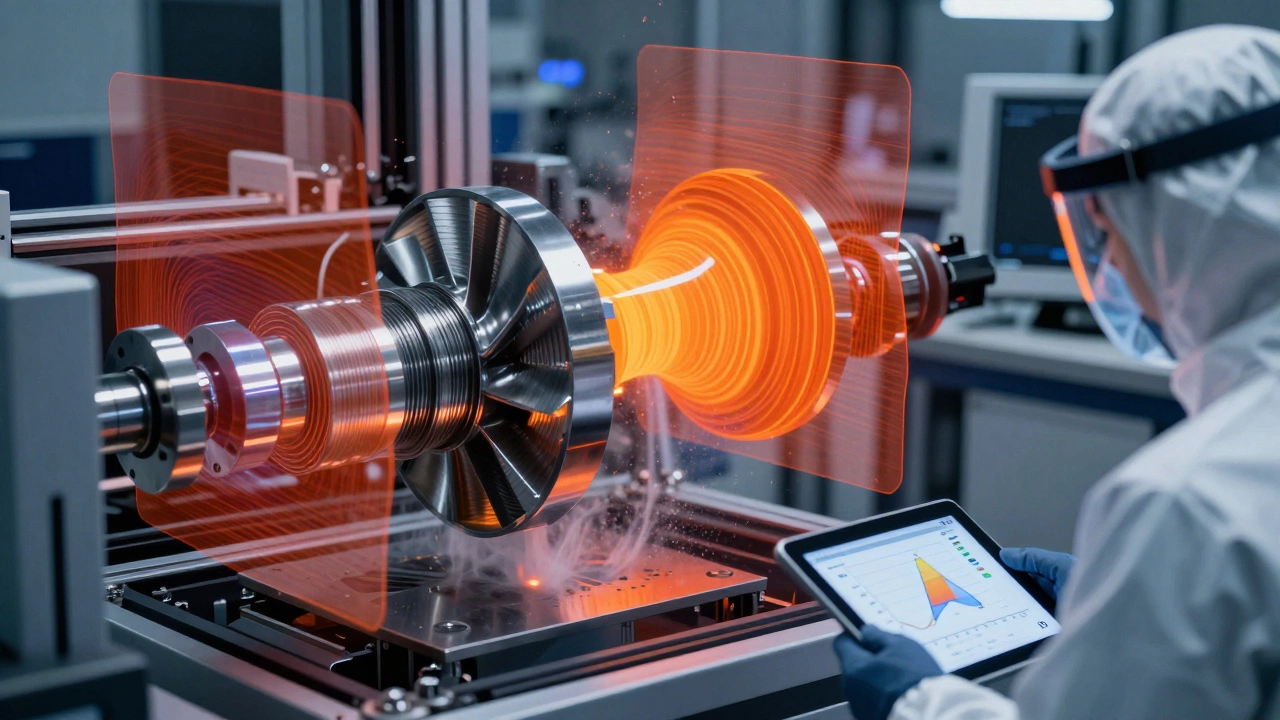 3D-печать турбинной лопатки из титанового сплава с визуализацией термических напряжений.