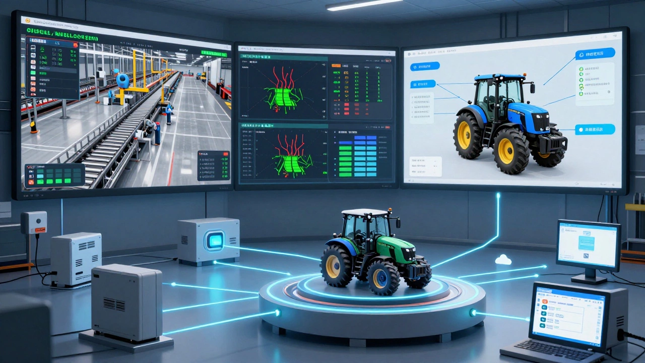 Цифровой двойник трактора в реальном времени синхронизирован с физическим прототипом и датчиками.