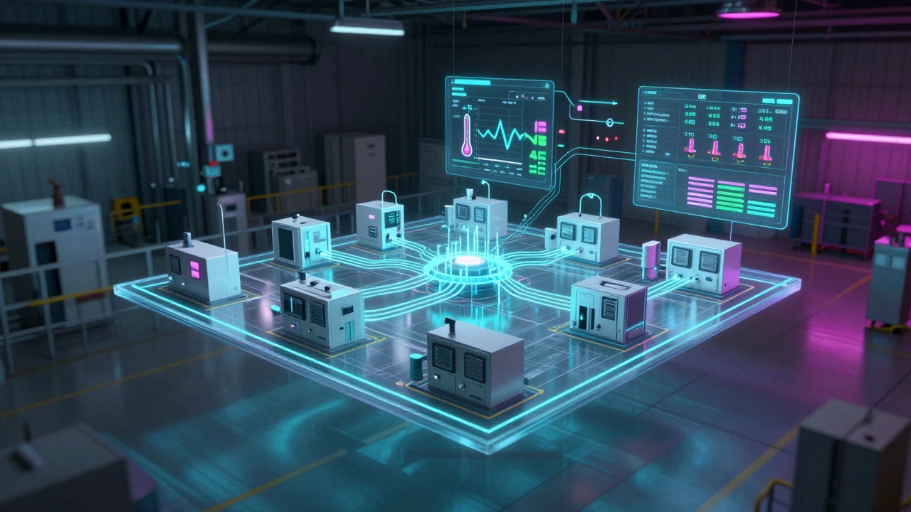 Цифровой двойник завода в виде голографической модели над реальным производством.