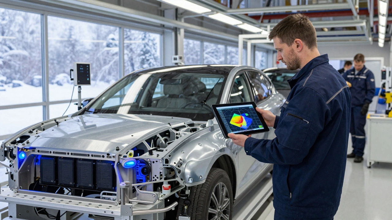 Инженер проверяет 3D-модель корпуса батареи электромобиля на сборочной линии при снеге.