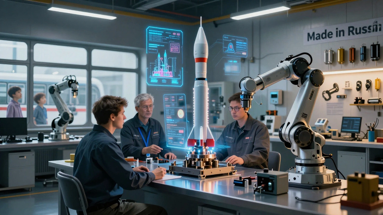 Инженеры и роботы работают над ракетным компонентом, рядом — ребёнок смотрит из автобуса.