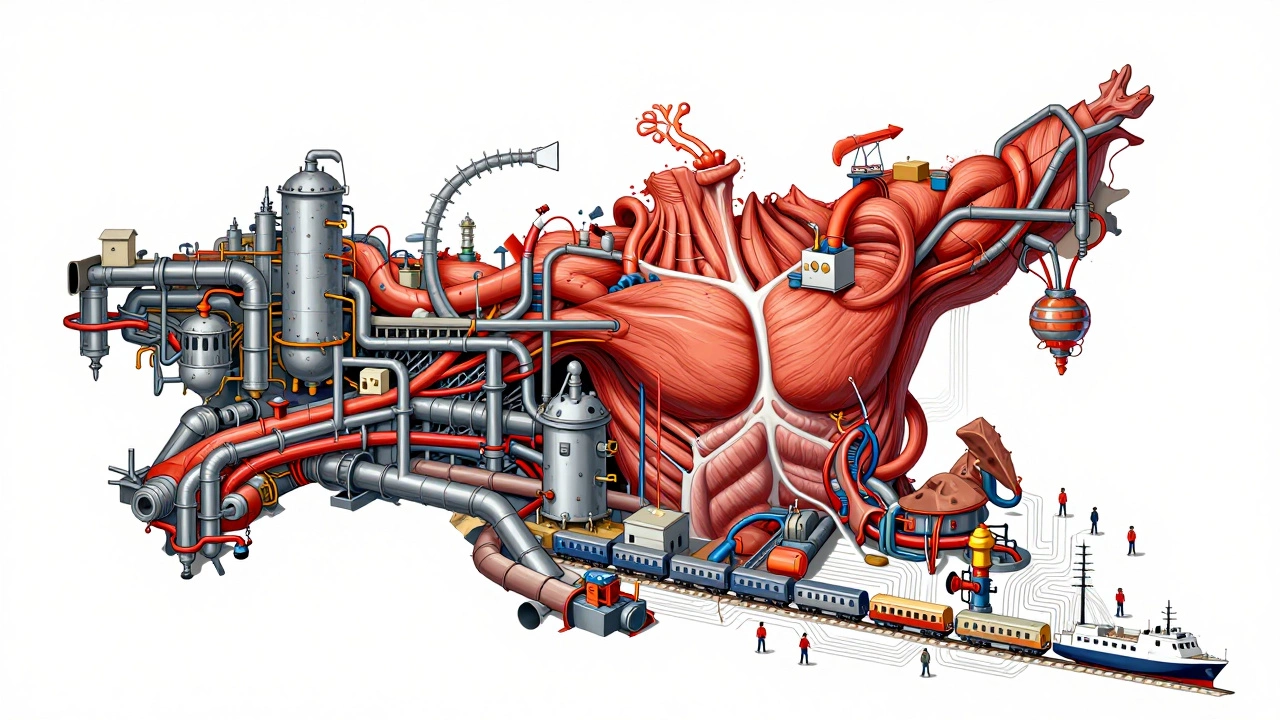 Концептуальное изображение России как живого организма, чьё тело состоит из заводов, трубопроводов и железных дорог.
