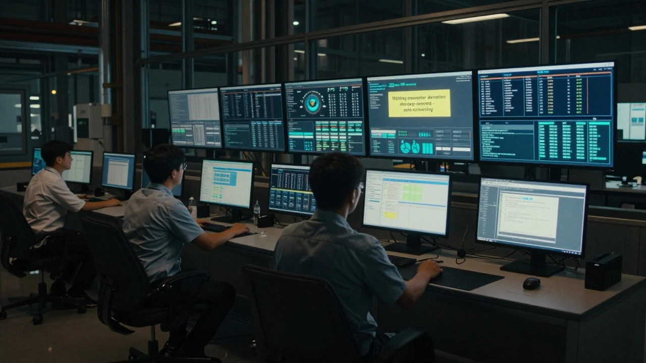 Контрольный зал с мониторами, показывающими предиктивную аналитику ИИ в ночное время.
