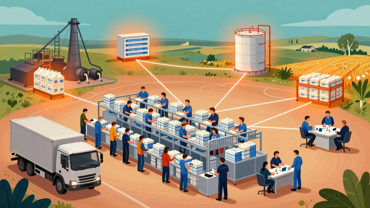 Малое предприятие по упаковке молока связано цепочкой с поставщиками, логистами и фермерами в России.