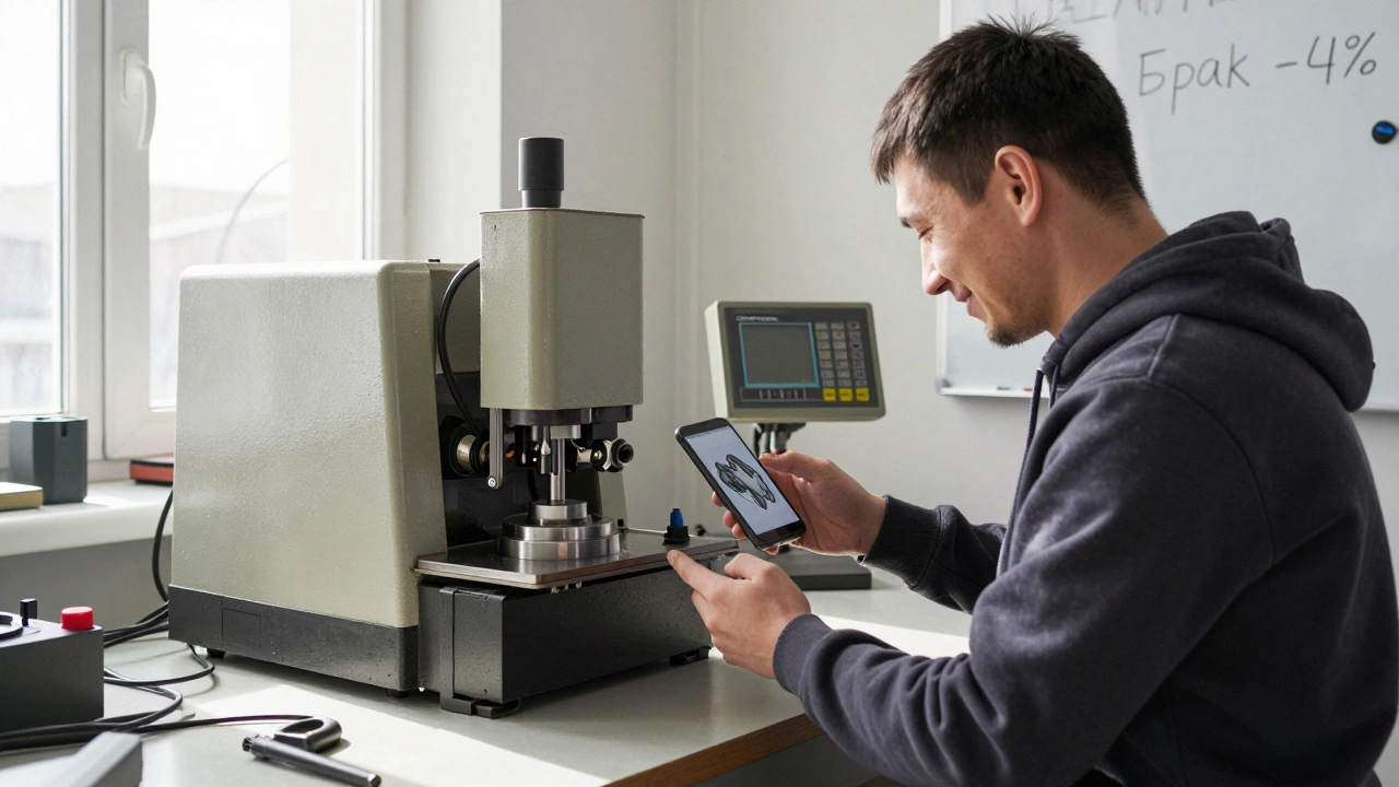 Оператор в маленьком цеху смотрит на смартфон с экспортируемой деталью, старый пресс с датчиками и панелью СМАРТ-Цех на фоне.