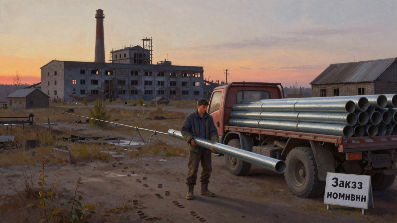 Предприниматель в сибирской деревне доставляет трубы для орошения, а позади — заброшенный завод.