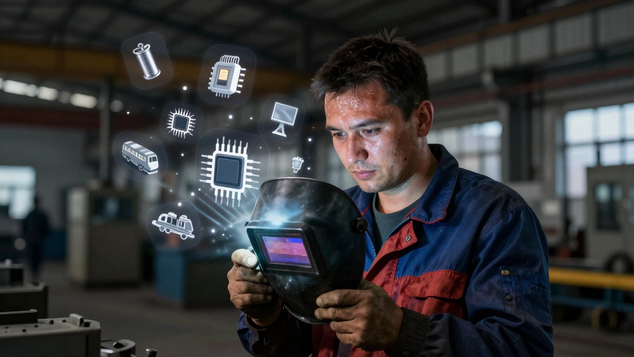 Рабочий в цеху, держащий сварочный щит, вокруг него — символы промышленности, возникающие из его рук.